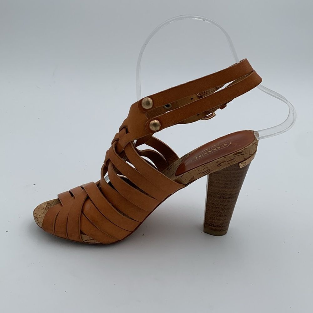 Coach brown leather basket weave heels stacked wooden heels women’s 5.5 B - Picture 3 of 12
